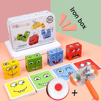Cube Face Change Building Blocks Board Game Wood Puzzle Montessori Expression Wooden Blocks Blocos For Children Kids Toys Gift