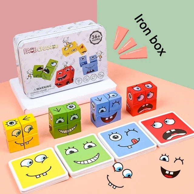 Cube Face Change Building Blocks Board Game Wood Puzzle Montessori Expression Wooden Blocks Blocos For Children Kids Toys Gift
