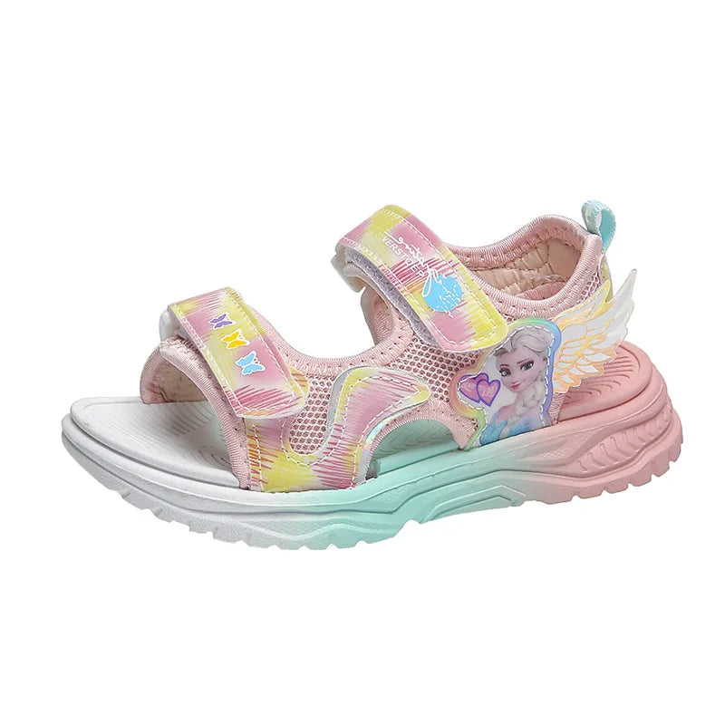 Disney Children Shoes Summer Elsa Girls Mesh Beach Sandals Fashion Frozen Princess Soft Bottom Light Peep Toe Sandals Size 26-37